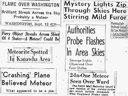 The night of September 12, 1952, eyewitnesses along the entire East Coast of the United States and inland such as Flatwoods, West Virginia, saw and reported "flaming" objects and "strange lights" in the sky.