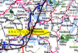 Rural Flatwoods, Braxton County, West Virginia, is 206 miles west of Washington, D. C.
