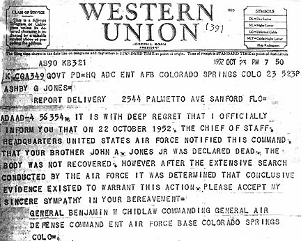 October 23, 1952, follow-up telegram from General Benjamin Chidlaw, Commanding General, Air Defense Command, Ent AFB, Colorado Springs, Colorado.