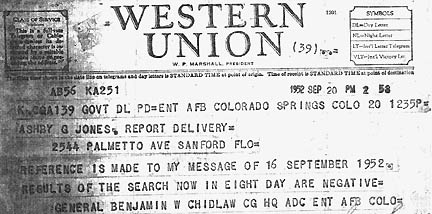  September 20, 1952, follow-up telegram from General Benjamin Chidlaw, Ent AFB, Colorado Springs, Colorado.