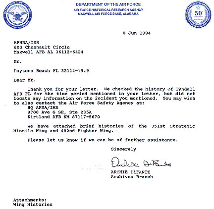 June 8, 1994, reply from Archie DiFante, Archives Branch, USAF Historical Research Agency, Maxwell AFB, Alabama, in response to Frank Feschino's inquiry about the disappearance of USAF pilot John A. Jones, Jr., and his radar operator, Lt. John Del Curto.