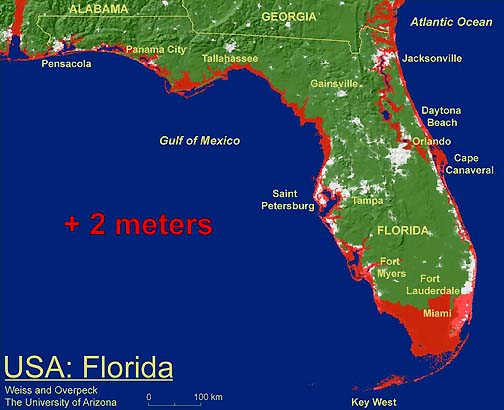 The above map from a computer model shows how much of the Florida coastline would be under water with a 2 meter sea level rise (6.5 feet). Image created by Jonathan Overpeck and Jeremy Weiss, courtesy University of Arizona Department of Geosciences Environmental Studies Laboratory.