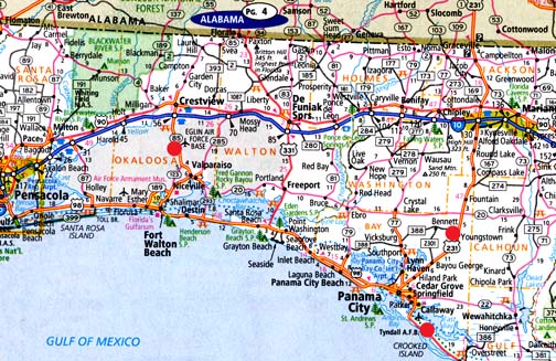 Youngstown, Florida , is the far right red circle northeast of Tyndall AFB (bottom red circle). Eglin AFB is north of Fort Walton Beach (left red circle).  