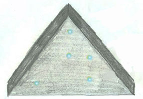 J. S. Jones sketched this triangle-shaped aerial craft as he first saw it from his second story Fort Knox  Army barracks bedroom window in July 2003 after suddenly  being awakened. Illustration for Earthfiles © 2012 by J. S. Jones.