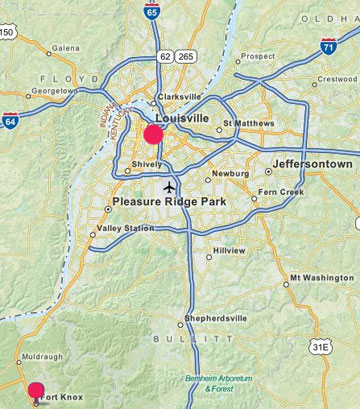 Fort Knox, Kentucky (lower left red circle) is 35 miles southwest of Louisville. For seven decades, Fort Knox has been the U. S. Army's “Home of Cavalry and Armor.” Today at Fort Knox are the 3rd Brigade Combat Team, 1st Infantry Division;  Army Reserve Readiness Training Center; 100th Division Headquarters; the 3rd Sustainment Command (Expeditionary) and the Army's  Human Resource Center of Excellence.