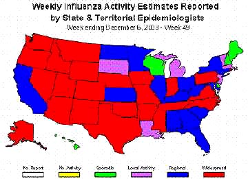 Beyond this December 6, 2003, Influenza Activity map, Fujian and Panama Influenza A have been reported in every state. Map courtesy Centers for Disease Control.