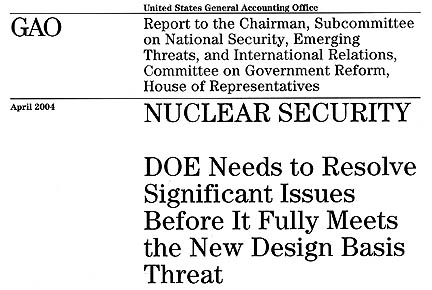 Cover page of April 27, 2004, U. S. General Accounting Office (GAO) report for Cong. Christopher Shays, Chairman, Subcommittee on National Security, Emerging Threats and International Relations in the Committee on Government Reform in the U. S. House of Representatives, Washington, D. C.