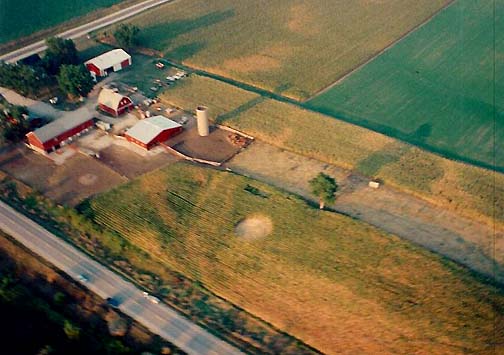 Corn circle nearest cattle corral and Coon Hunter Road, Blue Grass, Iowa, discovered by farm owners Carol and Delmar Meyer on August 22, 1991. Small circle near barns is bail feeder. Aerial photograph courtesy Carol and Delmar Meyer.
