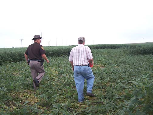 Henry County Deputy Sheriff on left walks with soybean farmer, Jim Stahl, through five circles that Jim discovered Saturday morning, August 19, 2006. Photograph © 2006 by Chris Stahl.