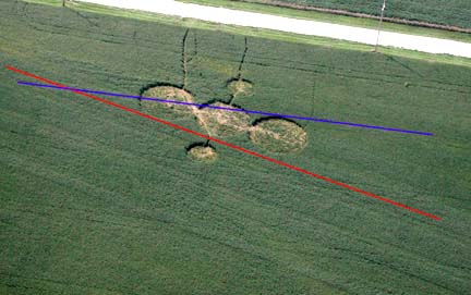 Graphically superimposed blue line goes along sprayer lines; red line goes along planting rows. Aerial image © 2006 by Ted Robertson and graphic © 2006 by Roger Sugden and Jeffrey Wilson, ICCRA.