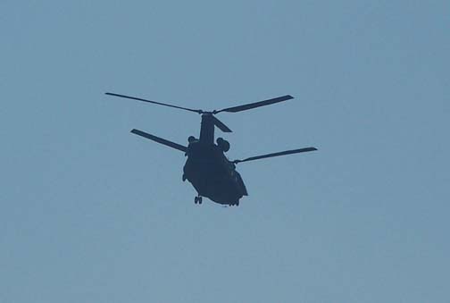 Above: H-46 or H-47 helicopter flying over the Jim and Chris Stahl home on Middle Road east of the soybean crop formation in Geneseo, Illinois, around 3 p.m. CDT on Friday, August 25, 2006. Below: Profile of the helicopter. Images © 2006 by Jim Stahl.