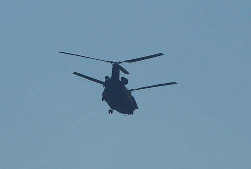 Above: H-46 or H-47 helicopter flying over the Jim and Chris Stahl home on Middle Road east of the soybean crop formation in Geneseo, Illinois, around 3 p.m. CDT on Friday, August 25, 2006. Below: Profile of the helicopter. Images © 2006 by Jim Stahl. 