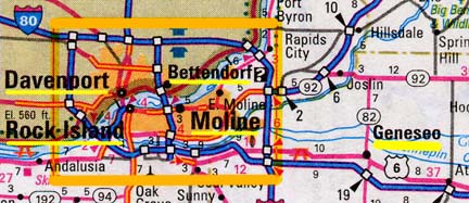 Where Illinois and Iowa run along either side of the big Mississippi River outlined in the orange rectangle on the map, that region is known as "Quad Cities." That 4-city complex is Davenport, Iowa; Bettendorf, Iowa; Rock Island, Illinois; and Moline, Illinois. Twenty miles east of Moline in Henry County is Geneseo, Illinois, a farming community of about 6,500 people.