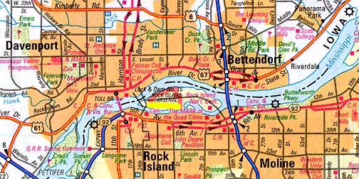 Rock Island Arsenal is highlighted by yellow on the map.