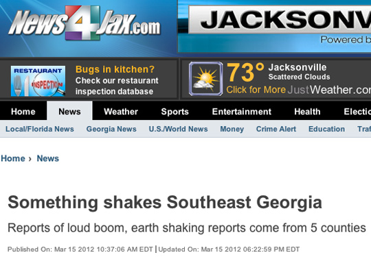 Three years to the day earlier: March 15, 2012, TV headline by News4Jax.com, Jacksonville, Florida, about booms heard in 5 Georgia counties at the same time.