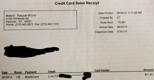 Letter-size receipt from Motel 6, Paducah, Kentucky: Checked in at 5:13:36 AM in the early morning of June 30, 2015, slept through the day and got back on the road that night.