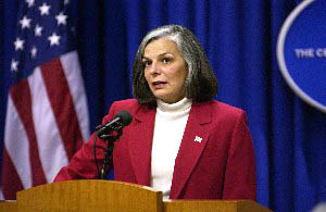 Julie Gerberding, M.D., CDC Director, Atlanta, Georgia, conducting press conference with questions from reporters by phone and in press room. Photo courtesy CDC. 