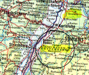 Above: Sinsheim in Baden-Wurttemberg Province of Germany, a region where crop formations have reoccurred over the past ten years. Below: Pattern and measurements of circles reported in oilseed rape on May 6, 2005. Diagram © 2005 by Andreas Mueller, www.kornkreise-forschung.de.