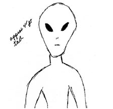 Sketch based on memory of alien being in April 1941 photograph taken by newsman who later gave a copy of the photo to Rev. William Guy Huffman in Cape Girardeau. Rev. Huffman gave the photo to his son, Guy Huffman, who shared it with his family repeatedly until it was stolen in the early 1950s. Illustration by Charlette Mann, Rev. Huffman's granddaughter.