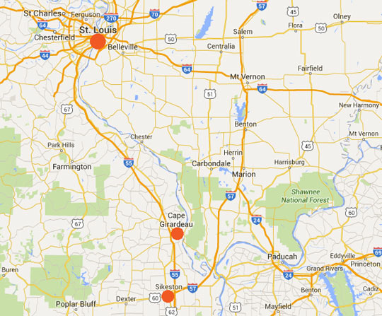 Cape Girardeau, Missouri, is 115 miles southeast of St. Louis. Sikeston is 35 miles south of Cape Girardeau. The Missouri Institute for Aeronautics (MIA) was based in Sikeston in 1941, and is described as the source of the military that retrieved the crashed alien disk and three alien bodies on the night of April 12, 1941, from a rural farm site a little north of Sikeston between Cape Girardeau and and Chaffee.