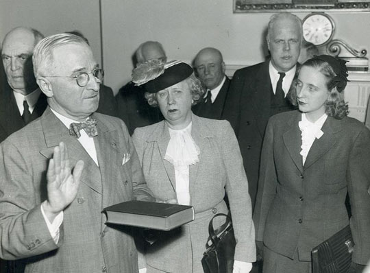 On April 12, 1945, the same day that FDR died, Vice President Harry S. Truman is sworn in as president. He had been vice president for only 82 days in FDR's fourth unprecedented term.