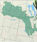 Above: map of prairie pothole water fowl breeding region of North and South Dakota and Alberta, Saskatchewan and Manitoba, Canada. Below: Aerial photograph of a prairie pothole breeding ground. Images courtesy U. S. Environmental Protection Agency (EPA).