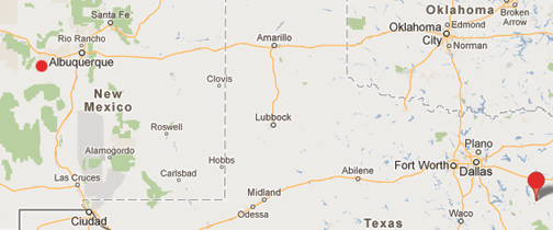 Jacksonville, Texas, is a town of about 15,000 people southeast of Dallas in Cherokee County (lower right red circle). Acoma Pueblo in New Mexico is about 60 miles west of Albuquerque near the El Malpais National Monument (upper left smaller red circle) with a population of about 5,000 Native Americans, who have continuously occupied the pueblo for more than 800 years. The distance between the two sites is 845 miles.