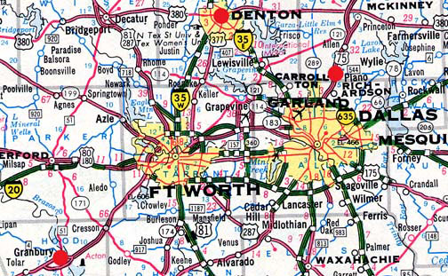 Granbury in lower left corner is 32 miles southwest of Fort Worth, Texas. The other red circles in Denton and Plano are sites where half cats and missing cats have been reported in the past.