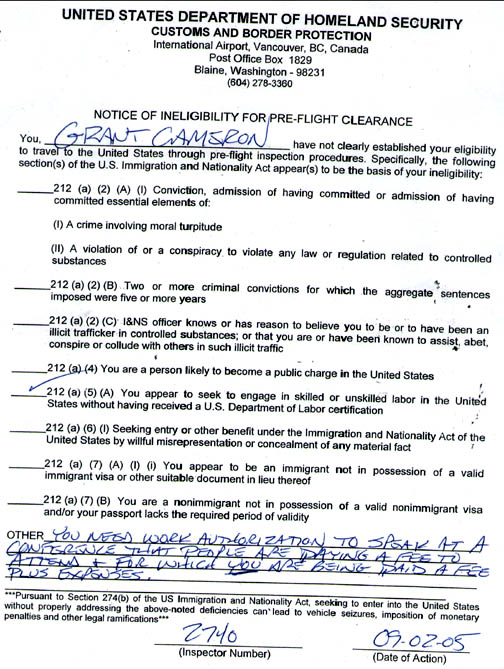 United States Department of Homeland Security Customs and Border Protection Notice of Ineligibility for Pre-Flight Clearance rejecting Grant Cameron's ability to enter the United States on September 2, 2005, to speak at the National UFO Conference held September 2-4, 2005, at the Renaissance Hollywood Hotel, Hollywood, California. Signed and dated document provided by Grant Cameron.
