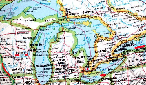 Updated map: Lake Ontario, Lake Erie, Lake St. Clair, and now Lake Winnebago in eastern Wisconsin (all highlighted with red in above map) have had metric tons of fresh water fish die from lethal viral hemorrhagic septicemia in 2005 through 2006; first die-offs of 2007 have now been reported to USGS. Authorities are trying to keep the virus from spreading to the other Great Lakes and into the Mississippi River (red underline left) drainage that extends south to New Orleans.