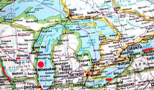 Updated map: Lake Winnebago in eastern Wisconsin at Oshkosh, Lake Michigan, Lake St. Clair at Warren, Lake Erie and Lake Ontario (all highlighted with red in above map) have had metric tons of fresh water fish die from lethal viral hemorrhagic septicemia in 2005 through 2006; first die-offs of 2007 have now been reported to USGS. Authorities are trying to keep the virus from spreading to the other Great Lakes and into the Mississippi River (red underlined lower left) that extends south to New Orleans.