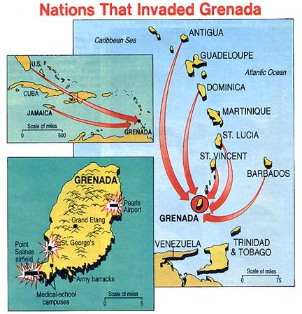 October 23 to November 21, 1983, Grenada invasion by U. S. Army and Marines, at the request of Antigua, Dominica, St. Lucia, St. Vincent, Jamaica and Barbados because Cuba's Fidel Castro was building a long runway on Grenada for military operations presumed to be against the island region and United States. Maps © by Christopher Worsley.