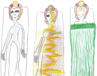 Bizarre "electrostatic transformation" from female to Grey being during professional massage therapy in Chicago, Illinois, 2005-2006 time frame. Illustration by Cinde Shilf for Earthfiles.com © 2015.