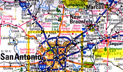 Guadalupe County (right yellow) is located in south central Texas east of San Antonio and southeast of New Braunfels, which is its largest city and county seat 29 miles northeast of San Antonio and 45 miles southwest of Austin. 