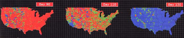 Scenario of Human Spread of H5N1:  Los Alamos National Laboratory computer simulation based on air travel in which H5N1 influenza virus is carried by airline passenger from an outbreak, say in Asia or Africa, to Los Angeles, California. Map 1 shows the high infection rate in Los Angeles by Day 50 after virus began spreading human-to-human. Map 2 shows that in twenty days, by Day 70, the virus has spread across the United States. Map 3 shows that by Day 90, six weeks into the pandemic, nearly all of the United States is enflamed red with high numbers of bird flu cases. Map 4 shows by Day 110, the number of flu cases is beginning to decline. Map 5 shows that by Day 130, four and a half months later, the virus is in decline. Computer map simulations in 2006 by Tim Germann, Los Alamos National Laboratory EpiSims project.