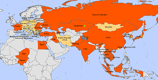 W. H. O. March 9, 2006, map of countries reporting confirmed occurrence of H5N1 avian influenza in poultry and wild birds since 2003: Hong Kong and mainland China, Japan, Republic of Korea, Mongolia, Russian Federation, Laos, Thailand, Cambodia, Vietnam, Malaysia, Indonesia, India, Kazakhstan, Pakistan, Iran, Azerbaijan, Iraq, Turkey, Egypt, Niger, Nigeria, Ukraine, Romania, Bulgaria, Greece, Albania, Hungary, Slovakia, Poland, Slovenia, Austria, Germany, France, Switzerland, Italy, Croatia, Bosnia and Herzegovina, Serbia and Montenegro and Albania.