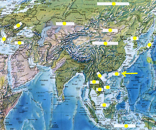 Yellow arrow points at Honk Kong, China, where the first cases of H5N1 illness and deaths in humans were reported in late 1997. Since then the H5N1 avian virus has been spread by migratory birds to at least 14 other countries. The newest cases are at the far upper left in Turkey, Romania and Greece, plus recently Croatia. Map © 2005 by Earthfiles.