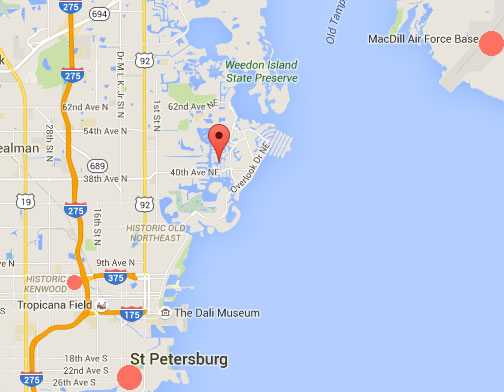 St. Petersburg, Florida, is 20 miles from MacDill AFB across Old Tampa Bay. The October 8, 2015, half-cat mutlation at 13th Lane N. E. is marked by the Google pointer. Southwest in the Historic Kenwood district a smaller red circle marks the September 29th "cleanly cut in half" cat mutilation.