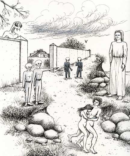 The Garden of Eden experiment created, monitored and manipulated by Other Intelligences including the tall Praying Mantis being at gate; the two extraterrestrial biological entity (EBEN) scientist types in front of the Praying Mantis directing “Adam and Eve” to leave the Garden where a Mesopotamian/Reptilian ziggurat is seen beyond the wall; assisting in the Garden of Eden experiment are small, gray-skinned androids with large slanted eyes that often wear blue leotard-type uniforms with a circle patch that encircles a triangle; and the Tall humanoids, often described as having shoulder-length blond hair or longer copper red hair or even black hair and often wearing shoulder-to-feet robes. Illustration © 1984 by Debbie Pagliughi and Beau Peterson, The Order.