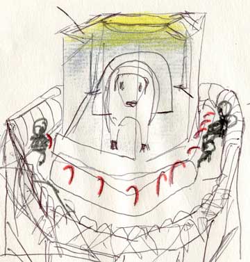 Machine surrounding limp cow in which tubes are inserted into the cow and blood runs in spirals around the base of the contained animal to provide sustenance for the non-humans. Illustration by Ken Rose.