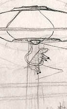 Summer 1995, Orlando, Florida, cow rising in light beam emanating from disc-shaped aerial craft. Sketch © 2005 by "Howard." 