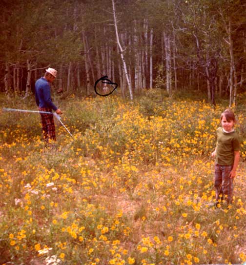 Margery Higdon wrote on back of 1974 photograph she took: "Meadow (where) elk were when Carl shot at (one). (Ink circle marks) where Carl was standing." Photograph in 1974 by Margery Higdon.
