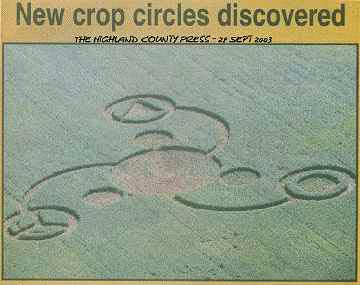 September 28, 2003, newspaper article in The Highland County Press, with aerial photograph of another crop formation in a soybean field not far from the Seip Mound in Bainbridge, Ohio. Aerial photograph © 2003 by Dan Music and Ron Tillis.