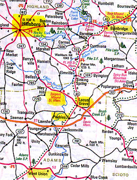 Hillsboro, Ohio is near the Hopewell ancient mound region where in 2003, there were several complex crop formations in soybeans noted by yellow in the above map. See 09-06-03 Earthfiles. 