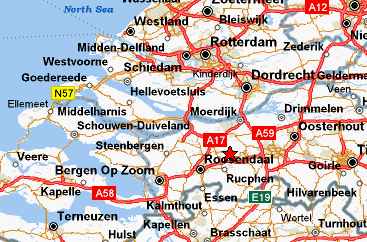 Hoeven, Holland, is a small farming community marked by the red star near Roosendaal, south of Rotterdam. Map © MapQuest.