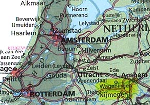 Wageningen, Holland (yellow) is the region a few kilometers south of Arnhem where both a suspected hoax crop formation and a genuinely mysterious formation in nearby Wijchen were reported respectively on June 11 and June 10, 2004.