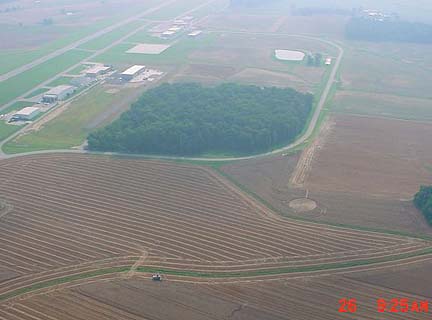 Huntingburg Airport separated from David Ring's wheat field by thick grove of tall trees. Wheat pictograph close to green ditch near center of photo. Aerial photograph taken on June 26, 2006, © 2006 by Travis McQueen, Manager, Huntingburg Airport.