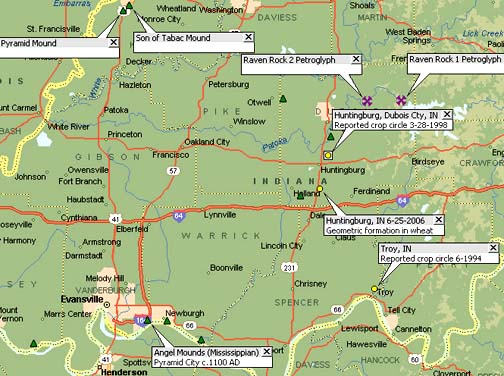 Huntingburg, Indiana, near center of earth mound map. Graphic © 2006 by Jeffrey Wilson, ICCRA.