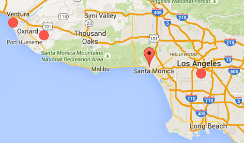 The Google pointer marks Pacific Palisades near Santa Monica about 50 miles southeast of Oxnard and Ventura, California (upper left red circles). Jeffrey Alan Lash and his fiancee, Catherine Nebron, shared a condo in Pacific Palisades. Dawn Marie VadBunker, 39, in Oxnard was hired in 2008 by Catherine to process paperwork for numerous real estate properties she has from Ventura to Santa Monica.