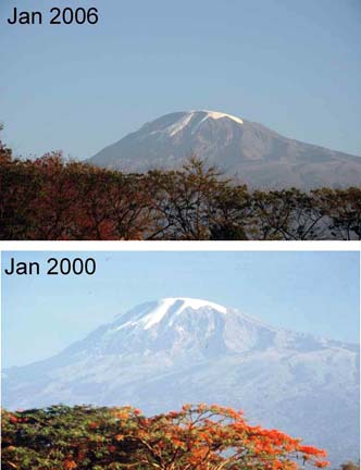Contrasting photographs taken in 2000 and 2006, looking northward towards Mt. Kilimanjaro, Tanzania, Africa. The southern ice fields which hang on the flank of the mountain are markedly reduced in the 2006 image. Photos courtesy of Lonnie Thompson, OSU.